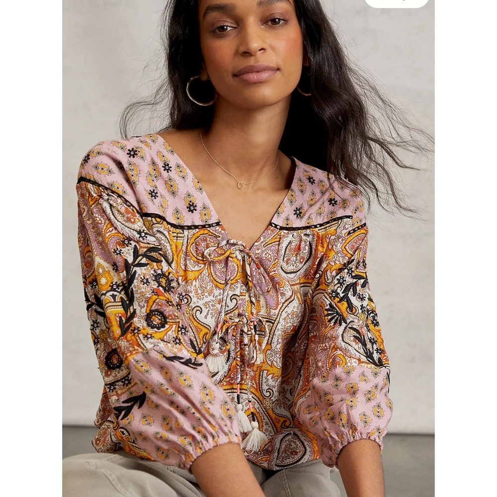 Anthropologie Emma Floral Tie Front Embroidered Sleeves Boho Cottage Blouse sz L